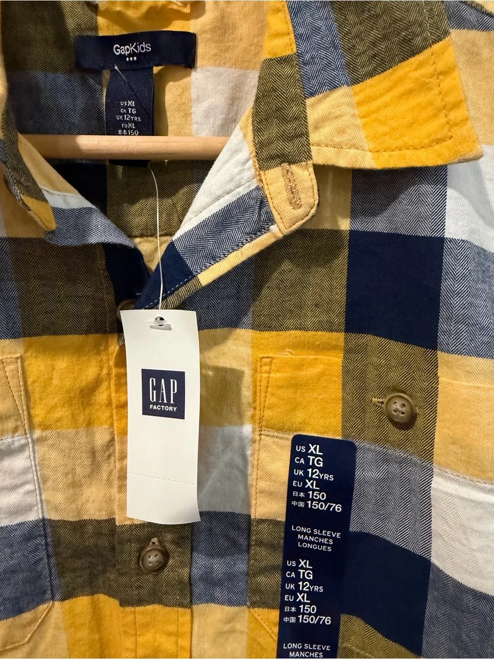 GAP Men's Yellow Navy White Plaid Button-Down Shirt - Long Sleeve